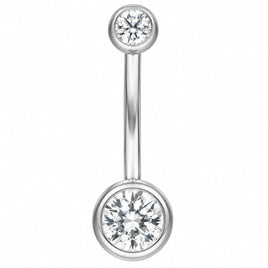 A silver-toned navel piercing barbell stud with a clear round gemstone in the bottom ball, AND A GEMSTONE  IN THE TOP BALL shown on a plain white background.