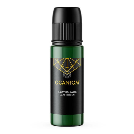 Green bottle with black label featuring 'Quantum' and 'Cactus Jack' a leaf green color  with black cap on a white background