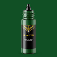 Green bottle with black label featuring 'Quantum' and 'Cactus Jack' a leaf green color  with black dropper cap on a green background
