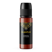 Quantum Tattoo Ink - Cesspool- Dirt Brown color with a black cap and a black label featuring a gold geometric logo and text, set against a plain white background.
