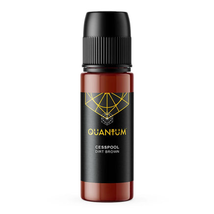 Quantum Tattoo Ink - Cesspool- Dirt Brown color with a black cap and a black label featuring a gold geometric logo and text, set against a plain white background.