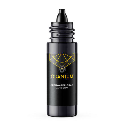A dark gray bottle of Quantum Dishwater Gray dishwasher cleaner with a black dropper top, featuring a gold geometric logo and text on a white background.