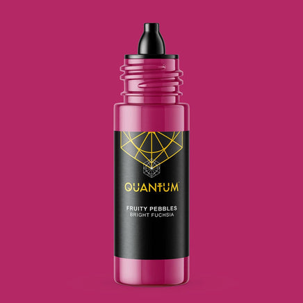A bottle of Quantum Fruity Pebbles e-liquid in the flavor Bright Fuchsia, featuring a black label with gold geometric graphics and text, set against a solid magenta-pink background.