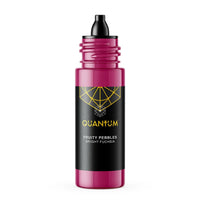 A bottle of Quantum 'Fruity Pebbles' e-liquid in the Color 'Bright Fuchsia'. The bottle has a metallic magenta pink body with a black ribbed neck and a black label featuring a gold geometric diamond logo and text.