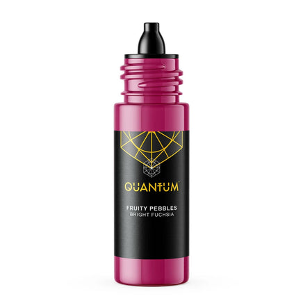 A bottle of Quantum 'Fruity Pebbles' e-liquid in the Color 'Bright Fuchsia'. The bottle has a metallic magenta pink body with a black ribbed neck and a black label featuring a gold geometric diamond logo and text.