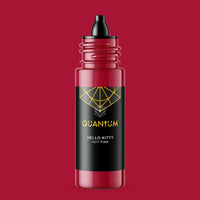 A bottle of Quantum Hello Kitty Hot Pink e-liquid, featuring a black label with a gold geometric diamond logo and white text, set against a solid dark red background.