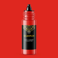 Quantum Tattoo Ink - Kick a Ginger a Scarlet red color with black dropper top featuring a black label with a yellow geometric logo and text, set against a solid red background.