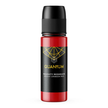 Quantum tattoo Ink Naughty Redheads Crimson Red It is a bright crimson red tattoo ink with red, orange, and blue undertones. round bottle with Back dropper top on a white background