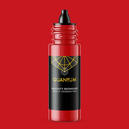Quantum tattoo Ink Naughty Redheads Crimson Red It is a bright crimson red tattoo ink with red, orange, and blue undertones. round bottle with Back dropper top.