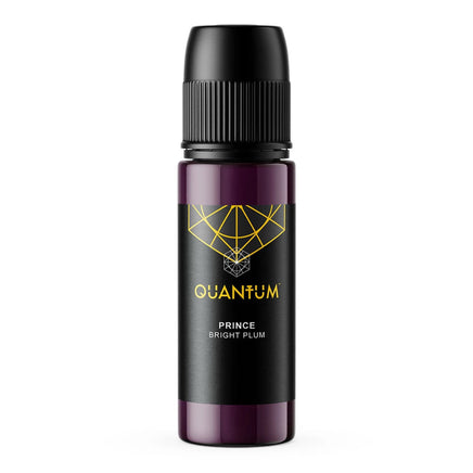 a bottle of Quantum Tattoo Ink - Prince , a bright Plum Color  displaying a  black ribbed Cap against a white background