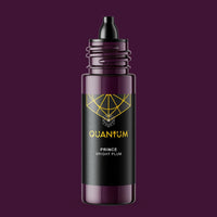 a bottle of Quantum Tattoo Ink - Prince , a bright Plum Color with cap off displaying a  black dropper Top