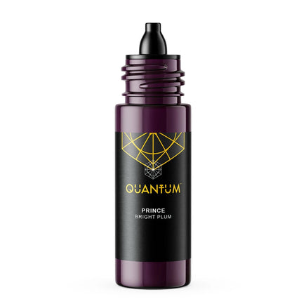 a bottle of Quantum Tattoo Ink - Prince , a bright Plum Color with cap off displaying a  black dropper Top against a white background