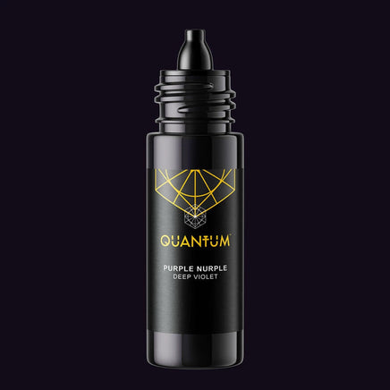 a bottle of Quantum Tattoo Ink - Purple Nurple, a Deep Violet with cap off displaying a  black dropper spout against a dark purple background