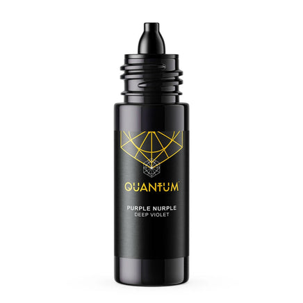 A black cylindrical bottle of Quantum Purple Nurple Deep Violet Tattoo ink with a black dropper spout, featuring a gold geometric logo and text on a white background.