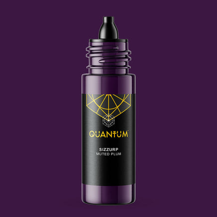 A bottle of Quantum Tattoo Ink - Sizzurp, a Muted Plum Color with cap off displaying a  black ribbed Cap against a purple  background
