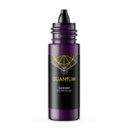A bottle of Quantum Tattoo Ink - Sizzurp, a Muted Plum Color, displaying a  black dropper top against a White background  background