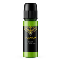 A bottle of Quantum Tattoo ink Slurm e-liquid in 'Vivid Yellow Green' color , featuring a bright green translucent bottle with a black ribbed cap and a black label with gold and white text.