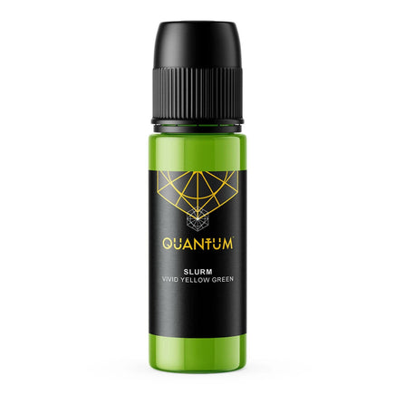 A bottle of Quantum Tattoo ink Slurm e-liquid in 'Vivid Yellow Green' color , featuring a bright green translucent bottle with a black ribbed cap and a black label with gold and white text.