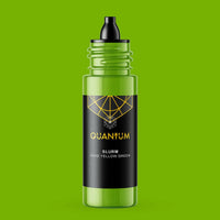 Green bottle with black label on a green background with black dropper cap