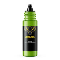 A bottle of Quantum Tattoo ink Slurm e-liquid in 'Vivid Yellow Green' color , featuring a bright green translucent bottle with a black dropper cap and a black label with gold and white text