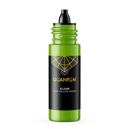 A bottle of Quantum Tattoo ink Slurm e-liquid in 'Vivid Yellow Green' color , featuring a bright green translucent bottle with a black dropper cap and a black label with gold and white text