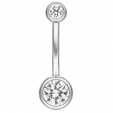 A silver-toned navel piercing barbell stud with a clear round gemstone in the bottom ball, AND A GEMSTONE  IN THE TOP BALL shown on a plain white background.