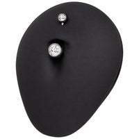 A black teardrop-shaped jewelry display stand with two silver metal hooks, shown on a plain white background.