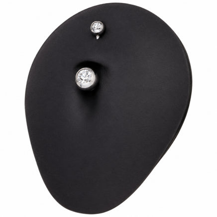 A black teardrop-shaped jewelry display stand with two silver metal hooks, shown on a plain white background.